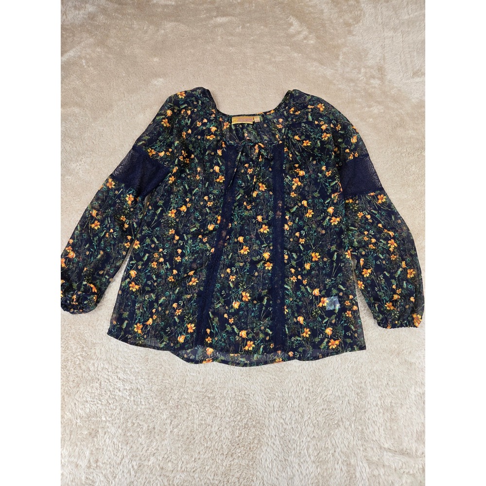 Princess Vera Wang Navy Floral Lace Trim‎ Sheer Boho Peasant Blouse Small
